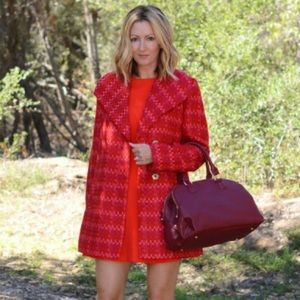 CAbi Sloan Tweed Textured Knit Red/Pink Structured  Wool Blend Peacoat